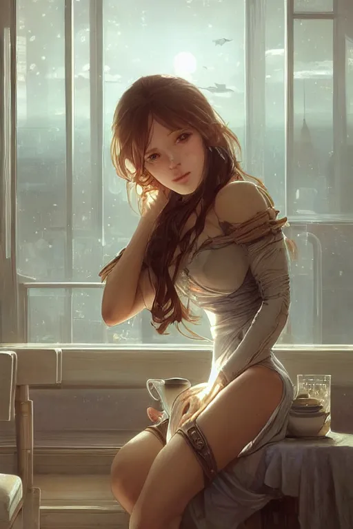 Image similar to an attractive serene cute android in a cafe, partially human , partially biomedical design , natural atmosphere, great high details, highly reaslitic, cinematic lighting, intricate, elegant, super highly detailed, art station, concept arD, beautiful, delicate, art by artgerm and greg rutkowski and alphonse mucha and loish and WLOP