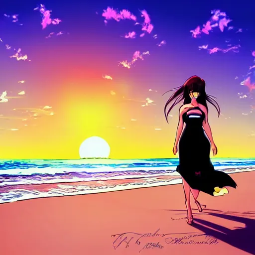 Image similar to Beautiful woman walking on a beach, anime art style inspired, high quality, trending, sunset