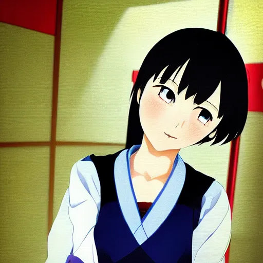 Image similar to a high detail portrait of japanese anime high school girl by makoto sinkai, in simple background