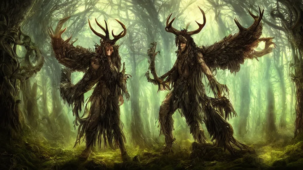 Image similar to A make druid, with antlers on his head and large hawk wings, casting a powerful glowing spell in the middle of an enormous, enchanted forest, dreamscape, dramatic lighting, fantasy art illustration, trending on artstation, Aetherpunk