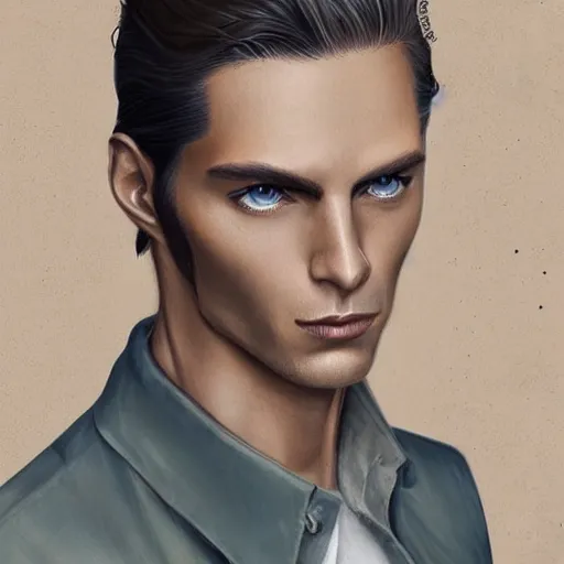 Image similar to a tall, lean man with light tan skin, blue eyes, and shoulder - length, slicked - back blonde hair combed down to the nape of his neck, long face with sunken cheeks and a well defined jawline, with vertical scars over his left eye, dressed casually, art by charlie bowater and artgerma