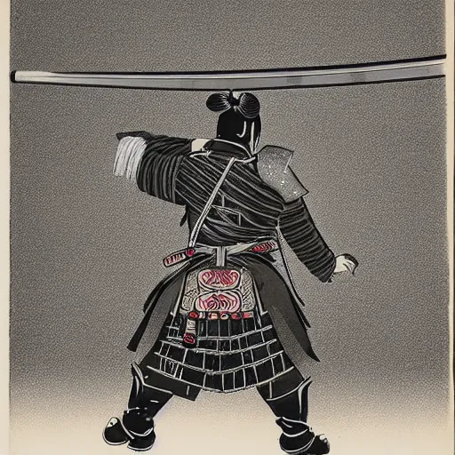 Prompt: A FULL BODY PORTRAIT FROM BEHIND OF A SAMURAI WITH A KATANA AND A CHAIN INK ART
