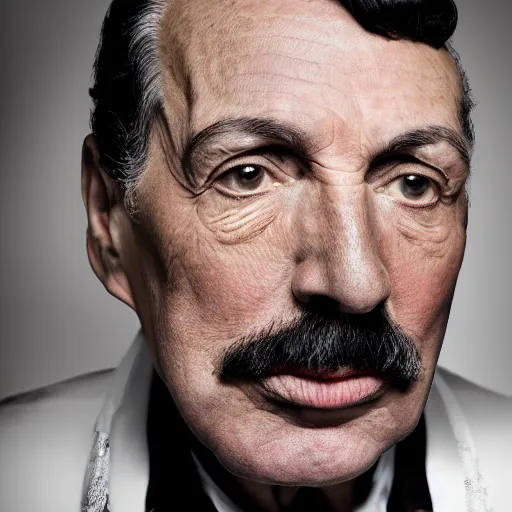 Image similar to old freddie mercury singer at age 7 5 years old, color ( sony a 7 r iv, symmetric balance, polarizing filter, photolab, lightroom, 4 k, dolby vision, photography award ), vogue, perfect face, movie poster