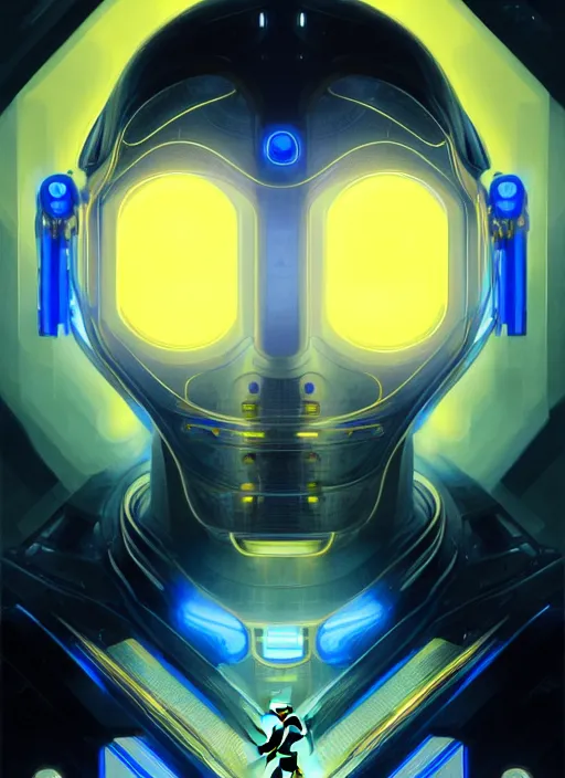 Prompt: symmetry!! portrait of robot, sci - fi, tech wear, blue and yellow glowing lights!! intricate, elegant, highly detailed, digital painting, artstation, concept art, smooth, sharp focus, illustration, art by artgerm and greg rutkowski and alphonse mucha