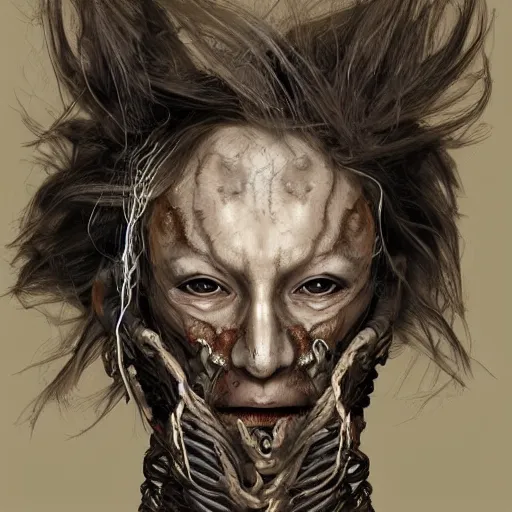 Image similar to portrait of a Shibari rope wrapped face and neck, headshot, insanely nice professional hair style, dramatic hair color, digital painting, of a old 17th century, old cyborg merchant, amber jewels, baroque, ornate clothing, scifi, realistic, hyperdetailed, chiaroscuro, concept art, art by Franz Hals and Jon Foster and Ayami Kojima and Amano and Karol Bak,