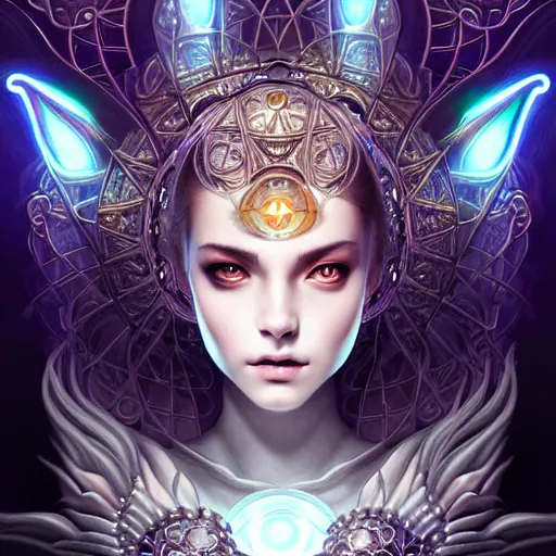 Image similar to a symmetrical portrait of a mystical feminine creature with glowing energies and particals, metal scales, surrounded by spirits, gloomy cinematic lighting, highly detailed, illustrated novel, by artgerm and miura