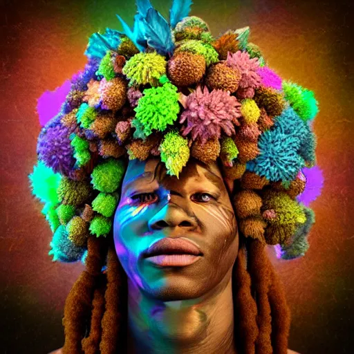 Image similar to an african marijuanna! shaman with an afro made of flowers, third eye art art by machina infinitum, complexity from simplicity, rendered in octane, mandelbulb 3 d, ambient occlusion, radiant lighting, macro photography, felt!!! texture, tribal, pastel! retrowave