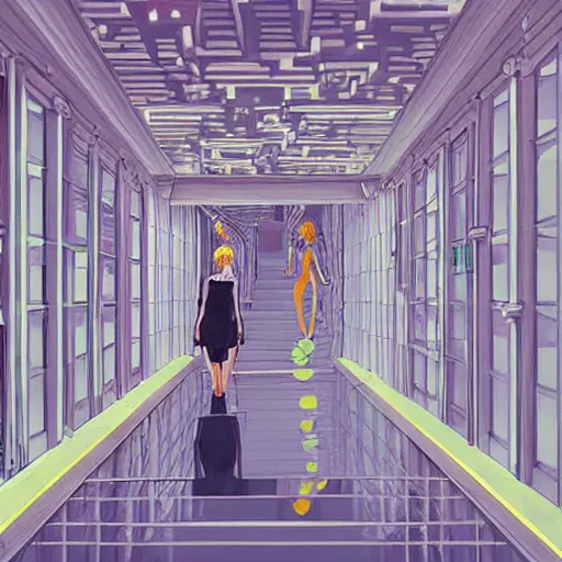 Prompt: a beautiful slimegirl woman in a bright white hallway with many doors and many stairs, Mc Escher architecture, epic composition, by Makoto Shinkai