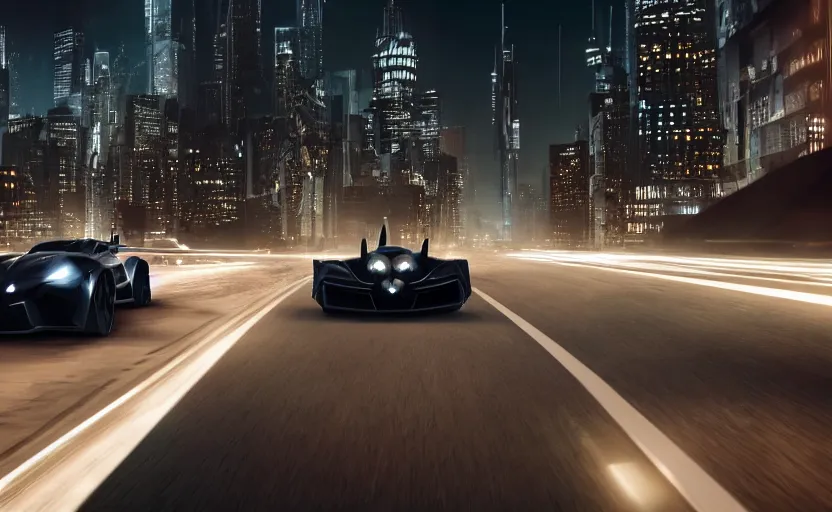 Prompt: A film still of the 2025 Batmobile driving through Gotham at night, 8k