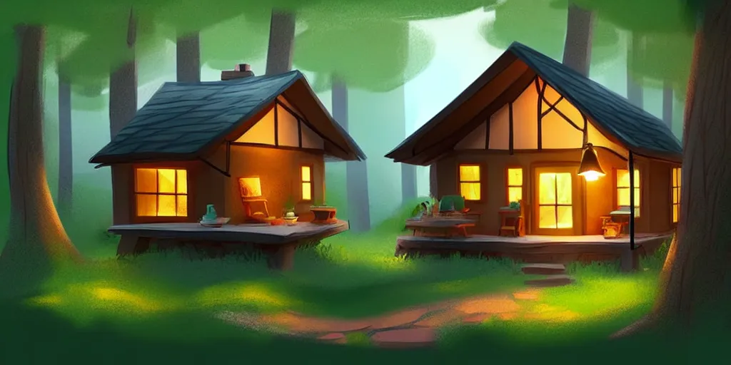 Image similar to a cozy little house in the woods, relaxing, concept art by scott zenteno