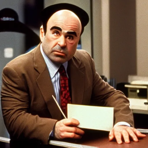 Prompt: Bob Hoskins as Eddie Valiant wearing a brown fadora and a brown pinstripe suit sitting at the desk of his detective's office, cinematic 35mm film still from 1987,