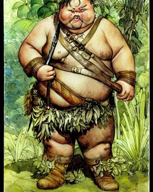 Prompt: a realistic and atmospheric watercolour fantasy character concept art portrait of a fat adorable chibi bulldog roman soldier with body armor in the jungle, by rebecca guay, michael kaluta, charles vess and jean moebius giraud