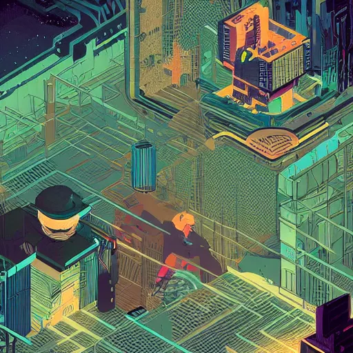 Image similar to Stunning isometric illustration of single cyberpunk explorer overlooking lush forest , highly detailed, midnight, small glowing orbs by Victo Ngai and James Gilleard , Moebius, Laurie Greasley