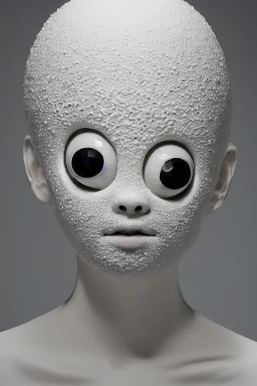 Image similar to full head and shoulders, beautiful porcelain female person, mixed with giant frog spawn eyes, smooth, delicate facial features, white detailed eyes, white lashes, 3 d white shiny thick, larg tentacles and eyeballs by daniel arsham and james jean