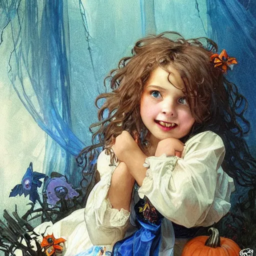 Image similar to a cute happy little girl with light brown wavy curly hair and blue eyes sitting amidst piles of halloween decorations. beautiful cute highly detailed face. halloween themed painting by artgerm and greg rutkowski and alphonse mucha.