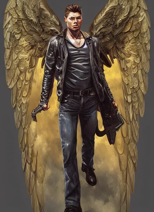 Prompt: Portrait of Dean Winchester as an angel warrior , intricate body, whole body, highly detailed, digital painting, artstation, concept art, smooth, sharp focus, illustration, art by Hajime Sorayama