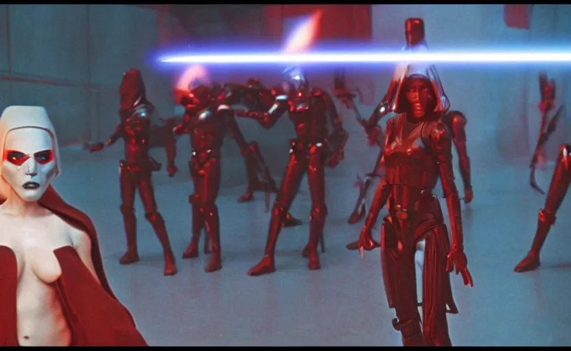 Image similar to a screenshot of a female sith lord design, she is surrounded by dark troopers, red planet, iconic scene from the 1979 film directed by alejandro jodorowsky, shot on anamorphic lenses, cinematography, 70mm film, lens flare, kodak color film stock, ektachrome, immensely detailed scene, 4k