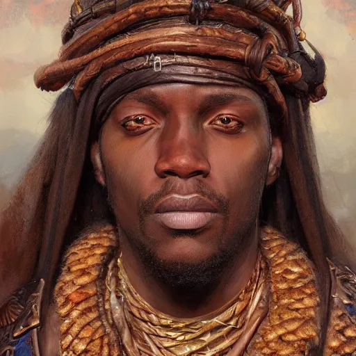 Image similar to the african merchant as a realistic fantasy d & d character, closeup portrait art by donato giancola and greg rutkowski, realistic face, digital art, trending on artstation