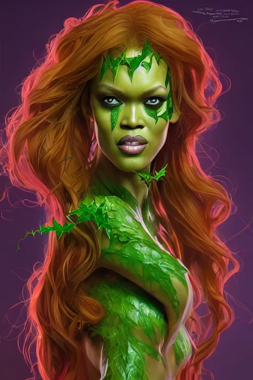 Prompt: tyra banks as poison ivy, realistic portrait, symmetrical, highly detailed, digital painting, artstation, concept art, smooth, sharp focus, illustration, cinematic lighting, art by artgerm and greg rutkowski and alphonse mucha