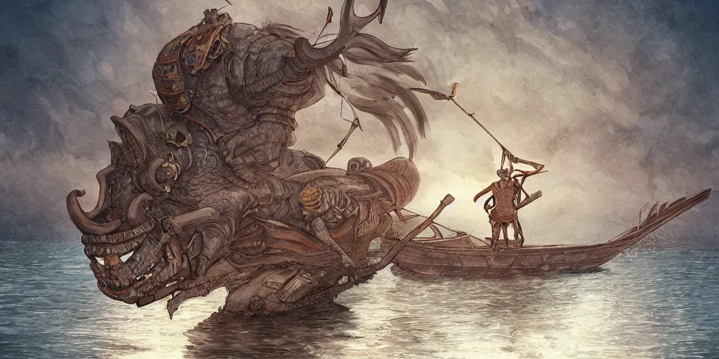 Image similar to Minotaur in a Boat, by Caza, studio ghibli, cinematic lighting, intricate, highly detailed, digital painting, trending on artstation, Illustration, epic scale