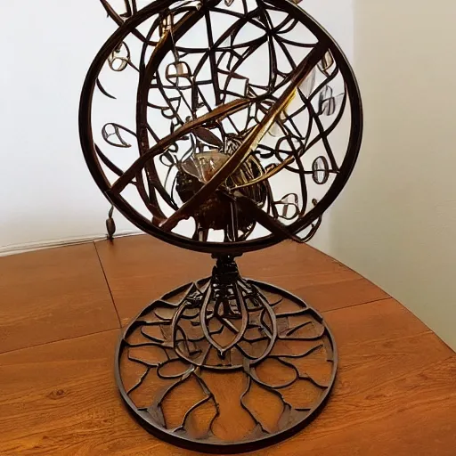 Image similar to a well - lit photo of an intricate steel filigree art nouveau orrery on a wooden table, beautiful, detailed, flowing curves, with colored marble planets and a golden sun