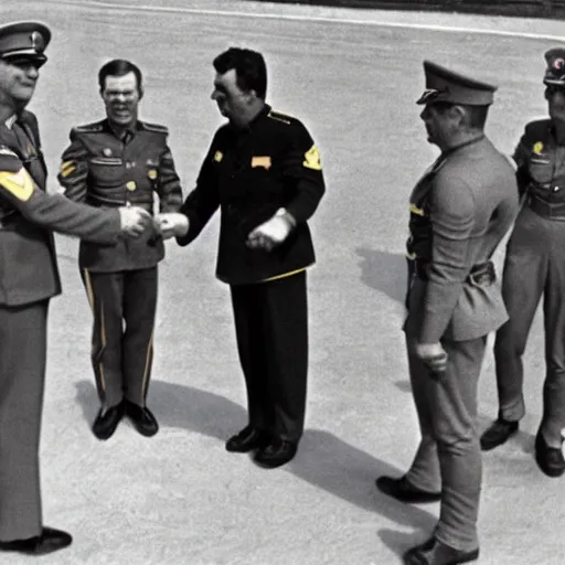 Image similar to alien in military uniform shaking hands with stalin, top secret style, realistic photo, 1 9 7 0 s, color