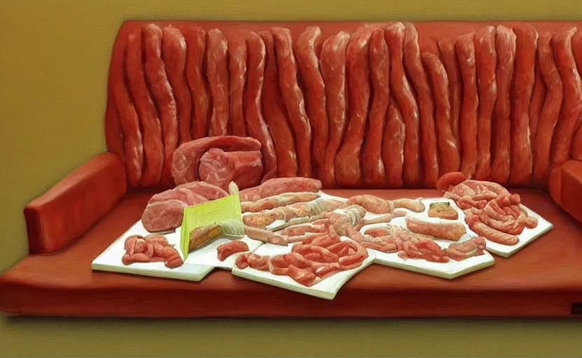 Image similar to realistic painting of couch made out of meat, business men sitting on couch made out of meat and talking, meat couch, meat couch,