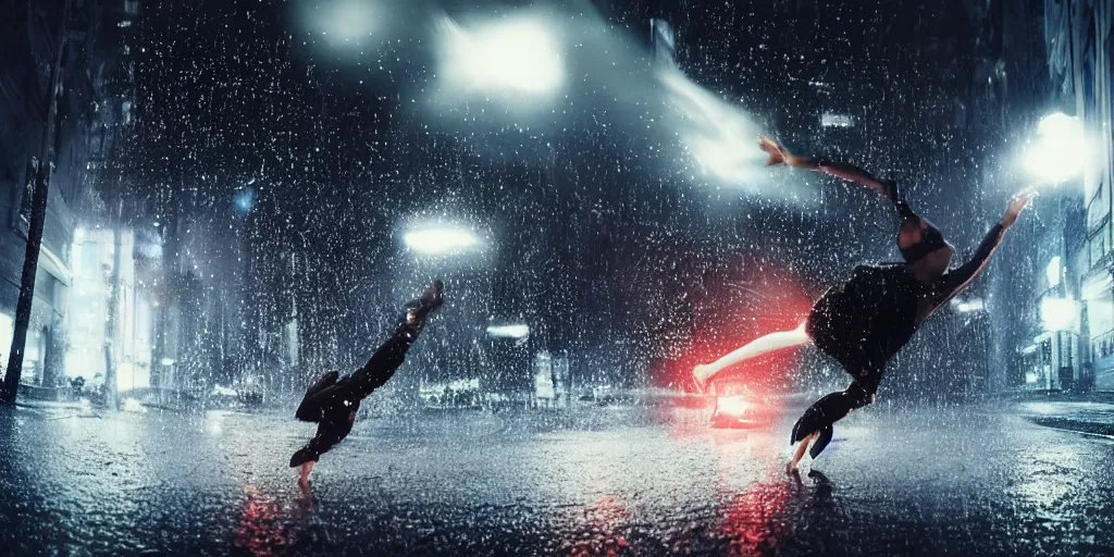 Image similar to slow motion with trail effect of futuristic break dancer wearing floating long dress, long exposure shot , at night in the middle of a rainy street, paddle of water, steam, fog, water splashes, rim lights, glossy reflections, water droplets on lens, octane render, dark and dramatic, explosion in the background, detailed and soft, fisheye