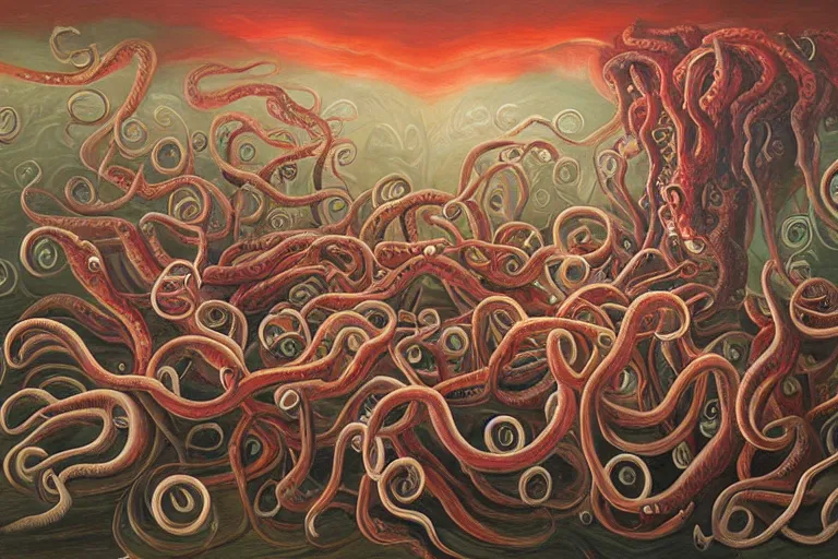 Prompt: a painting of a group of people surrounded by tentacles, a surrealist painting by clark voorhees, cg society, pop surrealism, lovecraftian, cosmic horror, surrealist