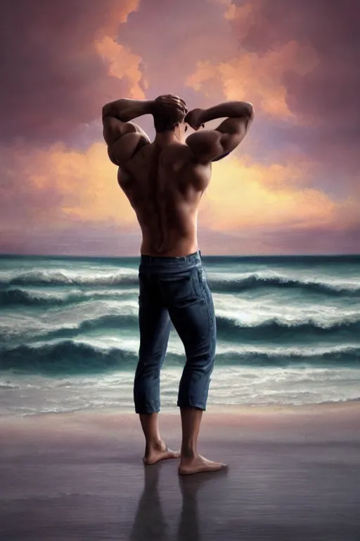 Image similar to a very muscular and defined man wearing ripped pants and shirt looking to the sea at sunset, godrays, complementary colors, natural lighting, portait image, path tracing, serene landscape, high quality, highly detailed, 8K, soft colors, warm colors, turbulent sea, high coherence, anatomically correct, hyperrealistic, concept art, defined face, five fingers, symmetrical