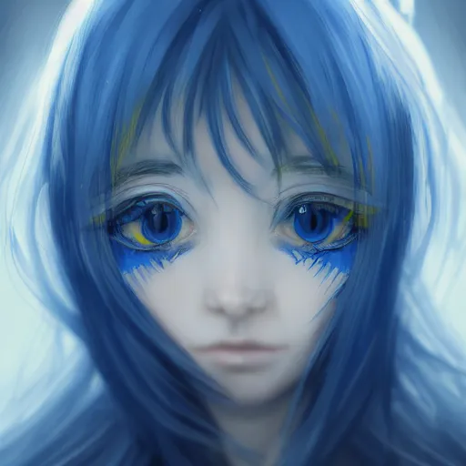 Image similar to a portrait of anime ukrainian blue and yellow girl, scared, concept art, trending on artstation, highly detailed, intricate, sharp focus, digital art, 8 k