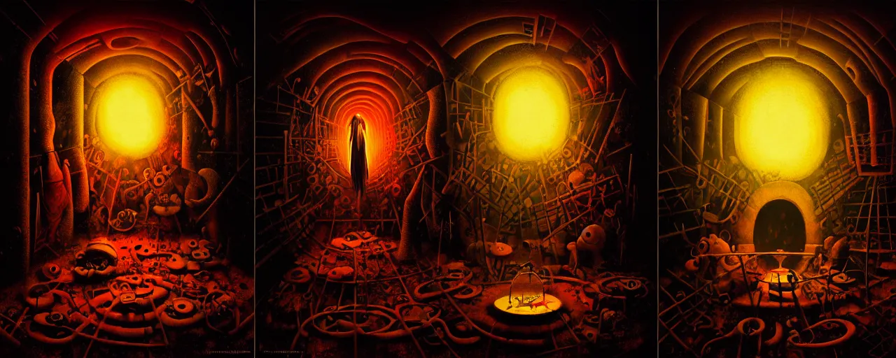 Prompt: trapped hedonic treadmill, dark uncanny surreal painting by ronny khalil, shaun tan, and kandinsky, dramatic lighting from fire glow, mouth of hell, ixions wheel