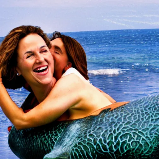 Prompt: Photostock of a soccermom happily married to a sea monster.