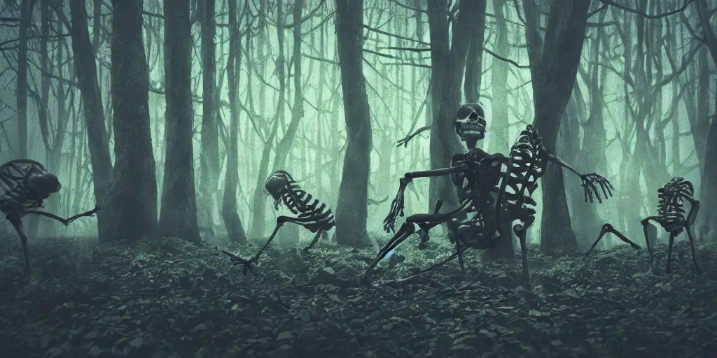 Prompt: realistic skeletons hugging each other in fear for their lives, dimly lit dark forest at night with bioluminescent foliage and creatures, wide angle view, photorealistic amateur photograph