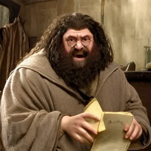 Prompt: Harry Potter, Hagrid is sitting on the toilet