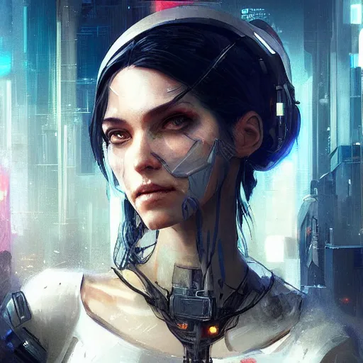 Image similar to a beautiful portrait of a cyberpunk goddess by greg rutkowski and raymond swanland, trending on artstation, ultra realistic digital art