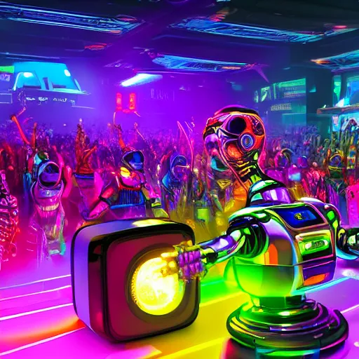 Image similar to robodad cybercore disco rave. bright scene. fine detail. this 4 k hd image is trending on artstation, featured on behance, well - rendered, extra crisp, features intricate detail, epic composition and the style of unreal engine.