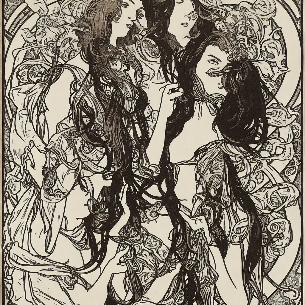 Image similar to monochromatic engraving by alphonse mucha and gustave klint