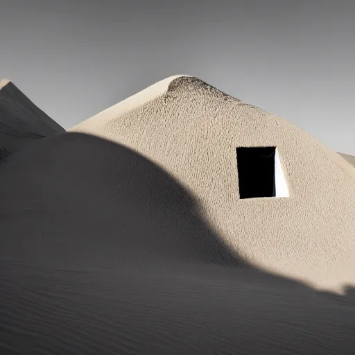 Image similar to a building buried in a desert dune, surreal, neon lights, james turrel, minimalist architecture,