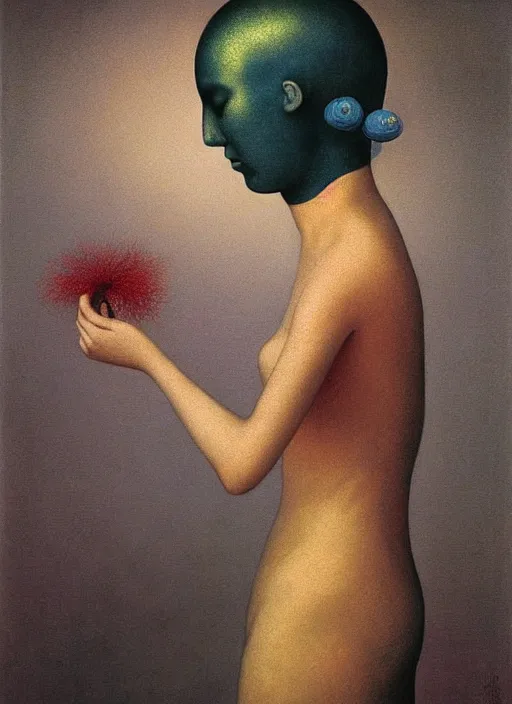 Image similar to She Eats of the Strangling Fruit and Her polyp blossoms bring iridescent fungal flowers whose spores black the foolish stars, Edward Hopper and James Gilleard, Zdzislaw Beksinski, Mark Ryden, Wolfgang Lettl highly detailed, hints of Yayoi Kasuma, Odilon Redon. Drexler