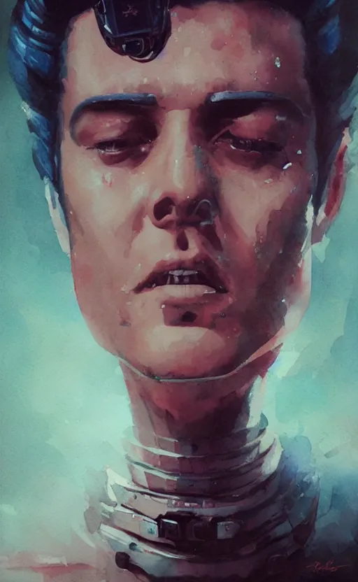 Image similar to a painting a robot with the face of a elvis presley trending on artstation in the style of greg rutkowski, 3 d, watercolor, beautiful, young, portrait