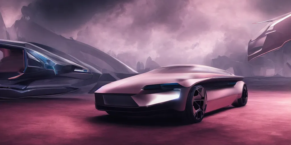 Image similar to a design of a futuristic vehicle, designed by Polestar, Final Fantasy 7 Midgar background, brushed rose gold car paint, black windows, dark show room, dramatic lighting, hyper realistic render, depth of field