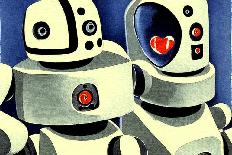 Image similar to a cute little robots painting by charles addams