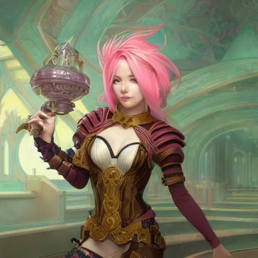 Image similar to VI from League of Legends of Arcane animated Series with short pink hair drawn by Donato Giancola and Makoto Shinkai, Edmund Leighton, Alphonse Mucha, background by James Jean and Gustav Klimt, 4k, porcelain skin, volumetric lighting, komorebi, french nouveau, trending on artstation, octane render, hyperrealistic