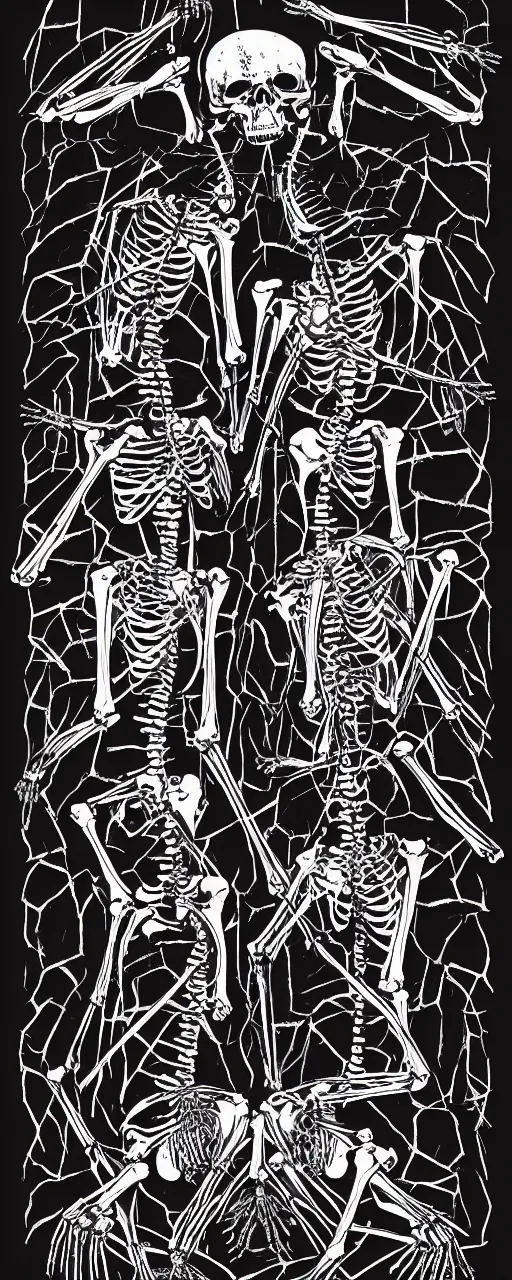 Prompt: illustration of a skeleton fight, two animal skeletons on black, silk screen t-shirt design 4K