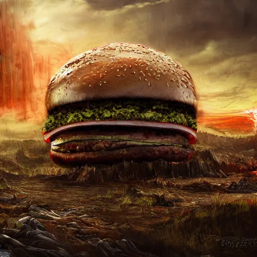 Prompt: a giant hamburger in an eldritch apocalyptic landscape covered in monstrosities by bekinski, fantasy art, 4k, HDR, photorealistic, 8k, trending on artstation