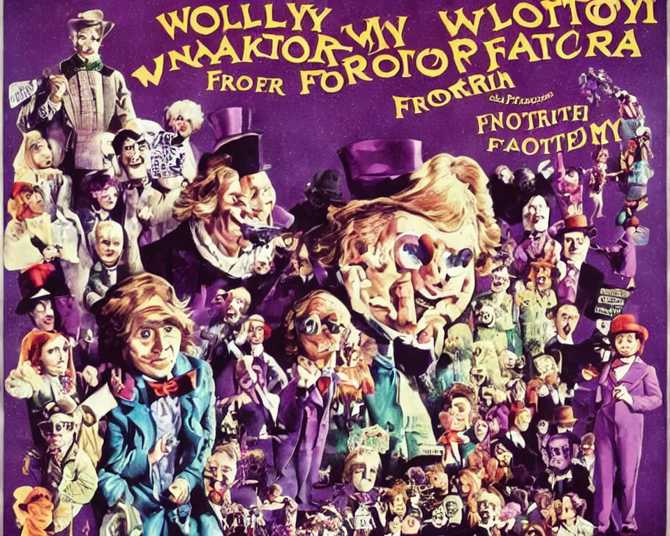 Image similar to a horror movie poster featuring willy wonka and the chocolate factory