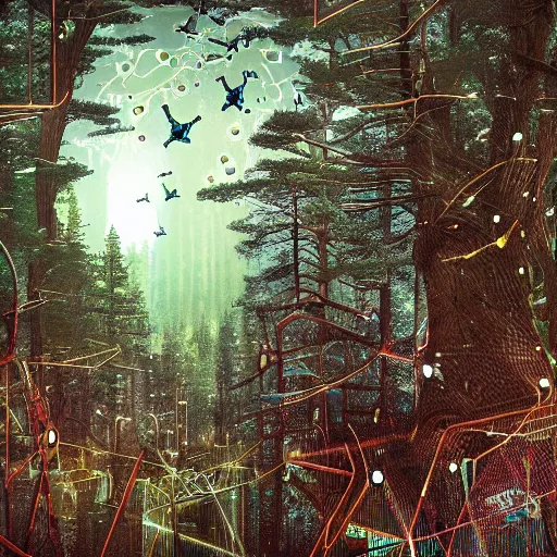 Image similar to a cybernetic ecology. joined back to nature, all watched over by machines of loving grace. a cybernetic forest filled with pines and electronics where deer stroll peacefully past computers as if they were flowers with spinning blossom