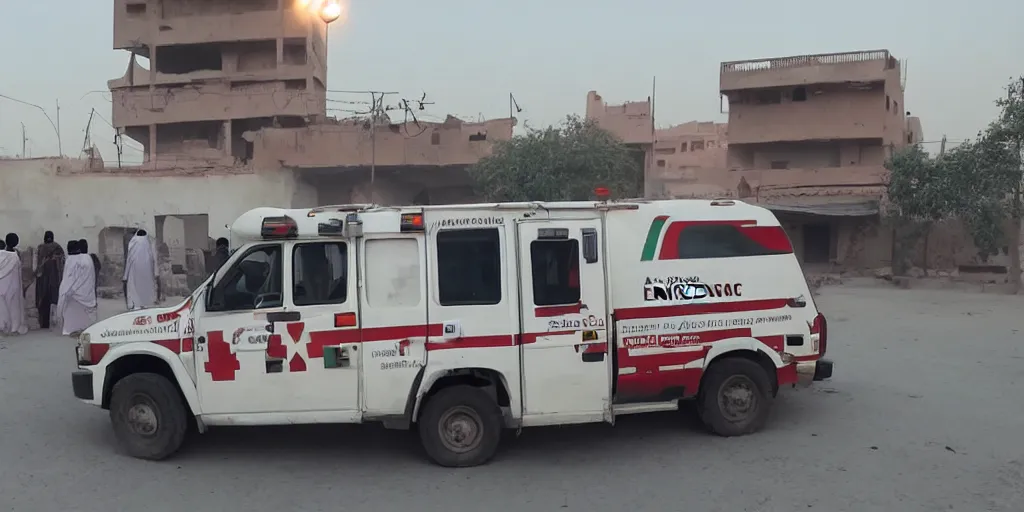 Image similar to arabic ambulance attending emergency in pakistan city, light cinematic, volumetric, realistic, cinematic lighting, hyper realistic