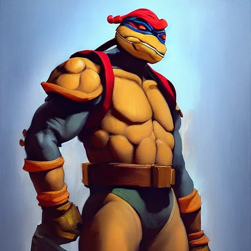 Image similar to Greg Manchess portrait painting of Michelangelo of TMNT as Overwatch character, medium shot, asymmetrical, profile picture, Organic Painting, sunny day, Matte Painting, bold shapes, hard edges, street art, trending on artstation, by Huang Guangjian and Gil Elvgren and Sachin Teng